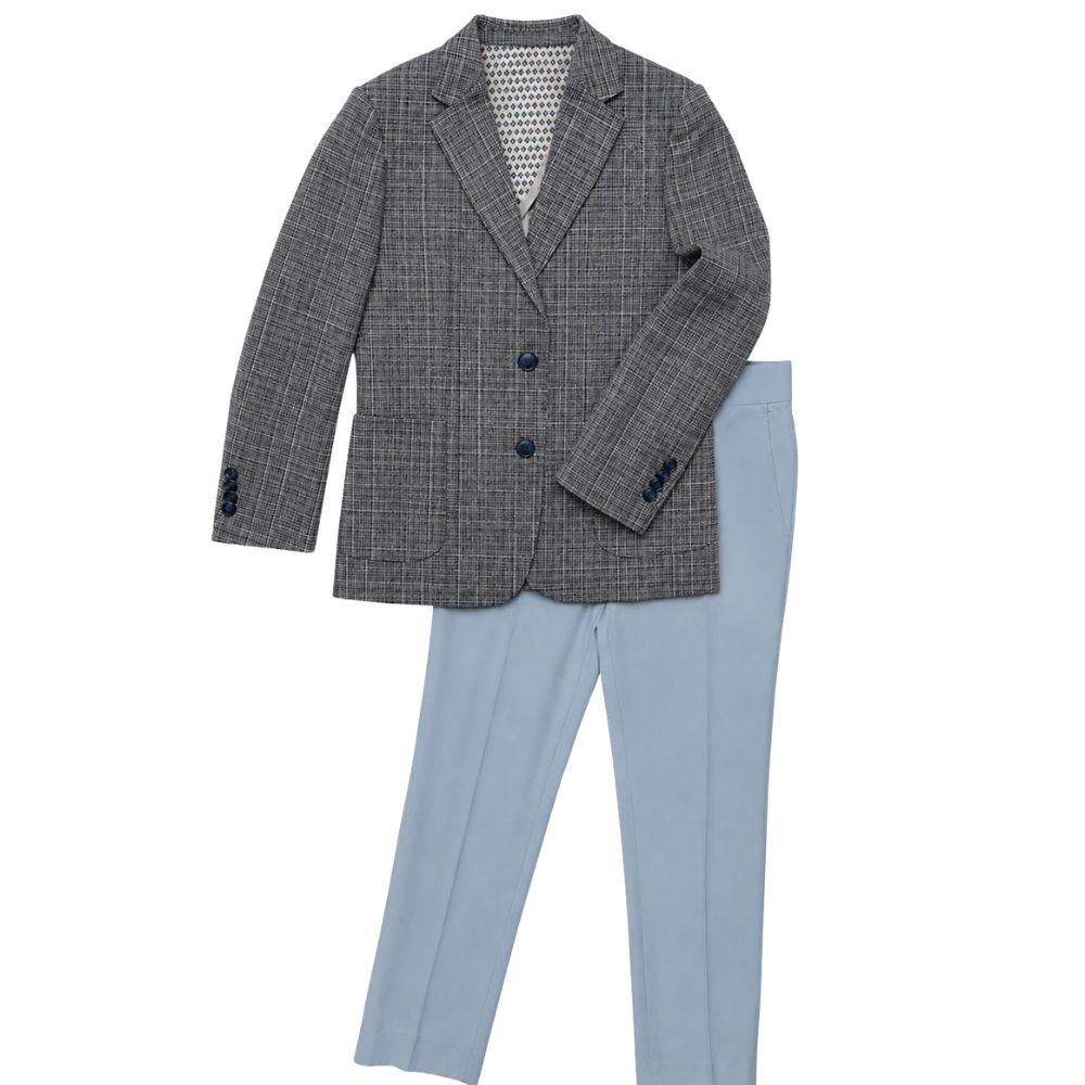 Boys Grey Plaid Blazer & Light Blue Dress Pants Suit