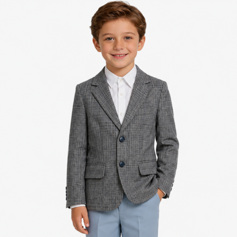 Boys Grey Plaid Blazer & Light Blue Dress Pants Suit
