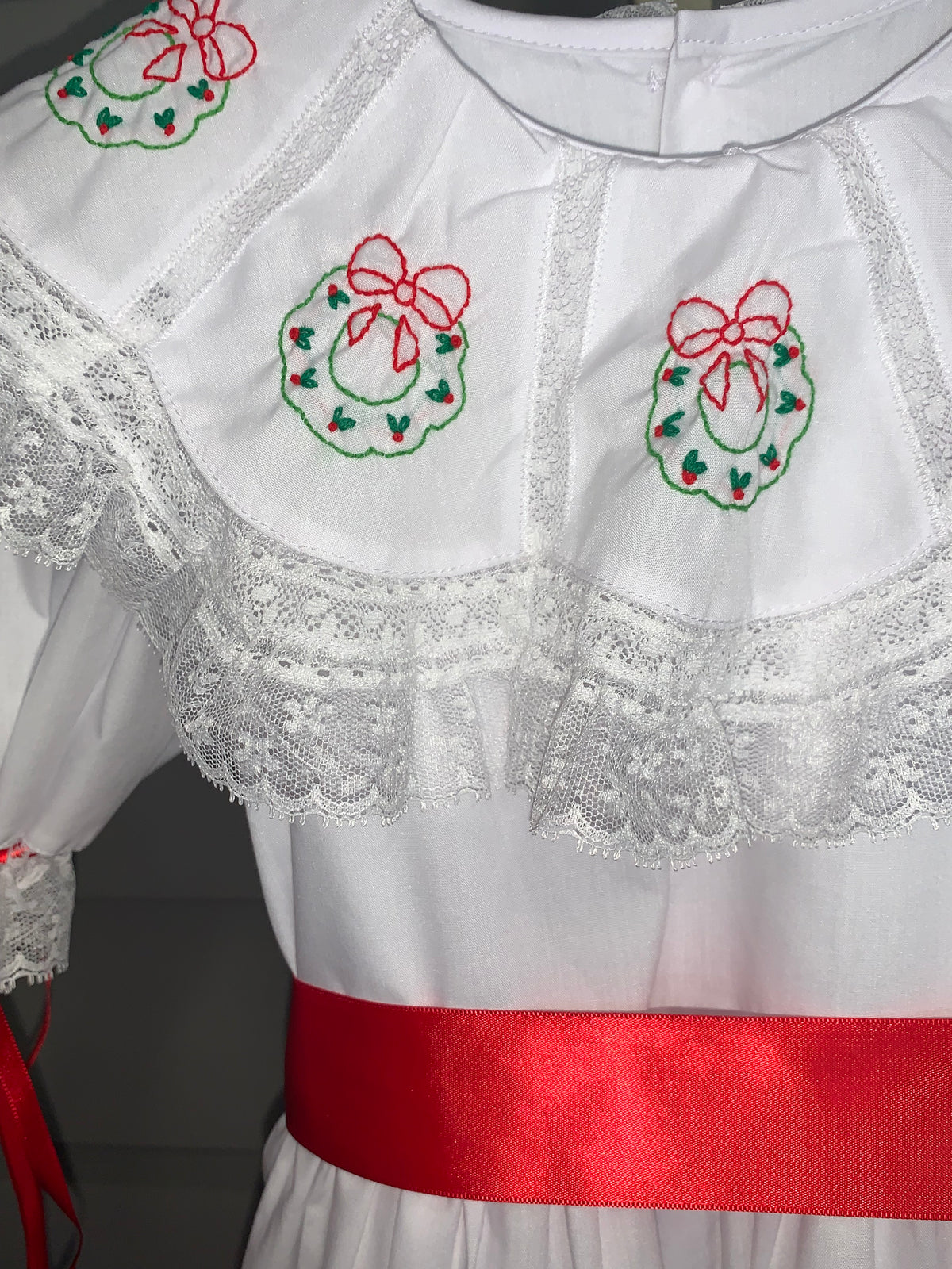 White Clara Marie Dress- Christmas Wreath