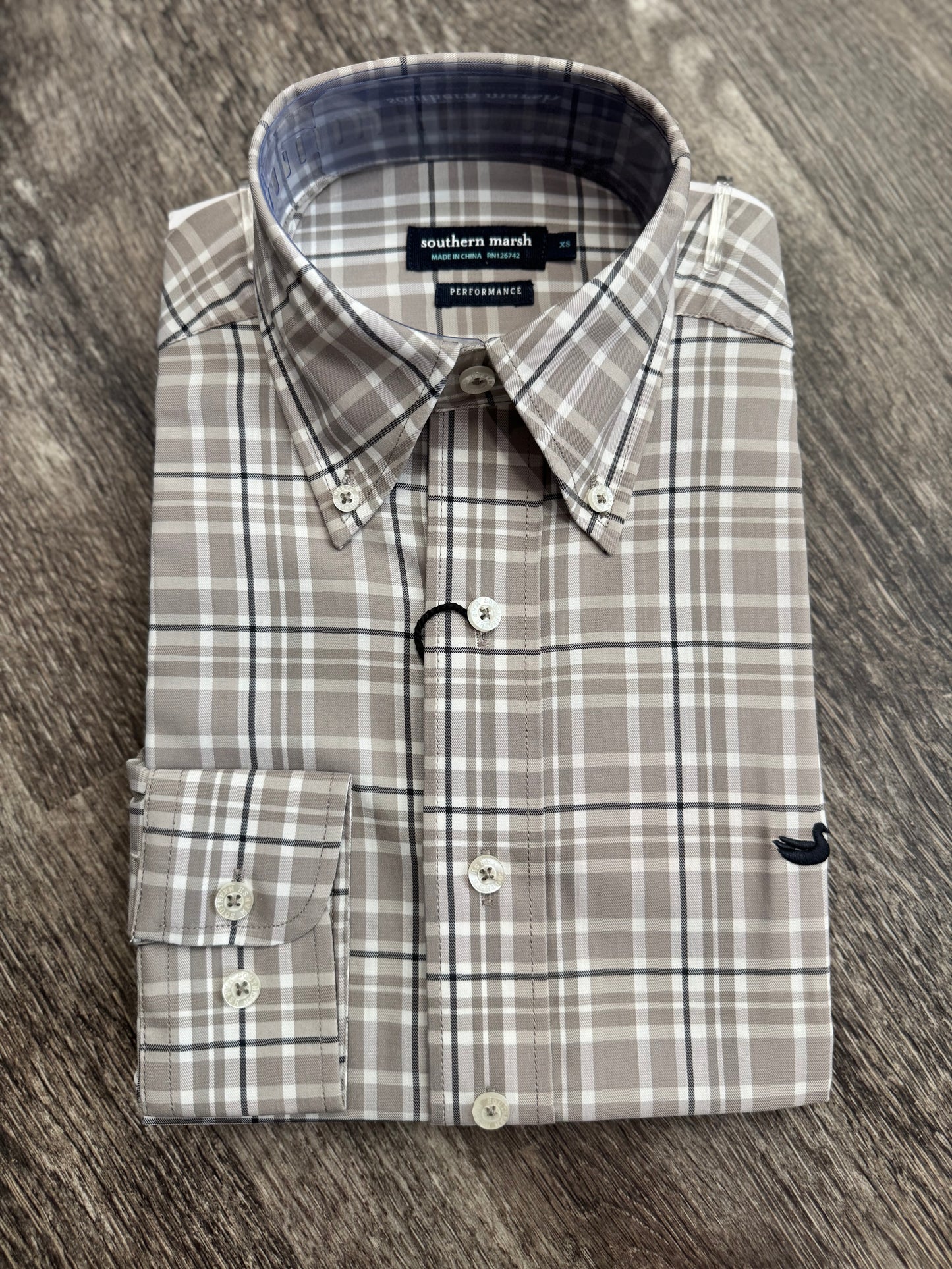 Grainger Performance Plaid Dress Shirt- Burnt Taupe & Navy
