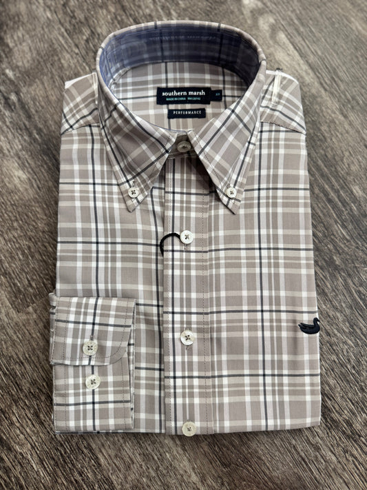 Grainger Performance Plaid Dress Shirt- Burnt Taupe & Navy