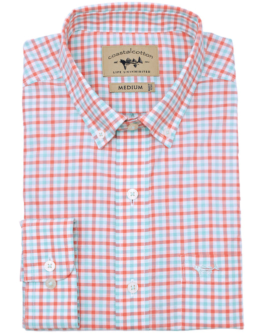 Youth Stretch Long Sleeve Sports Shirt- Coral Bay Gigham
