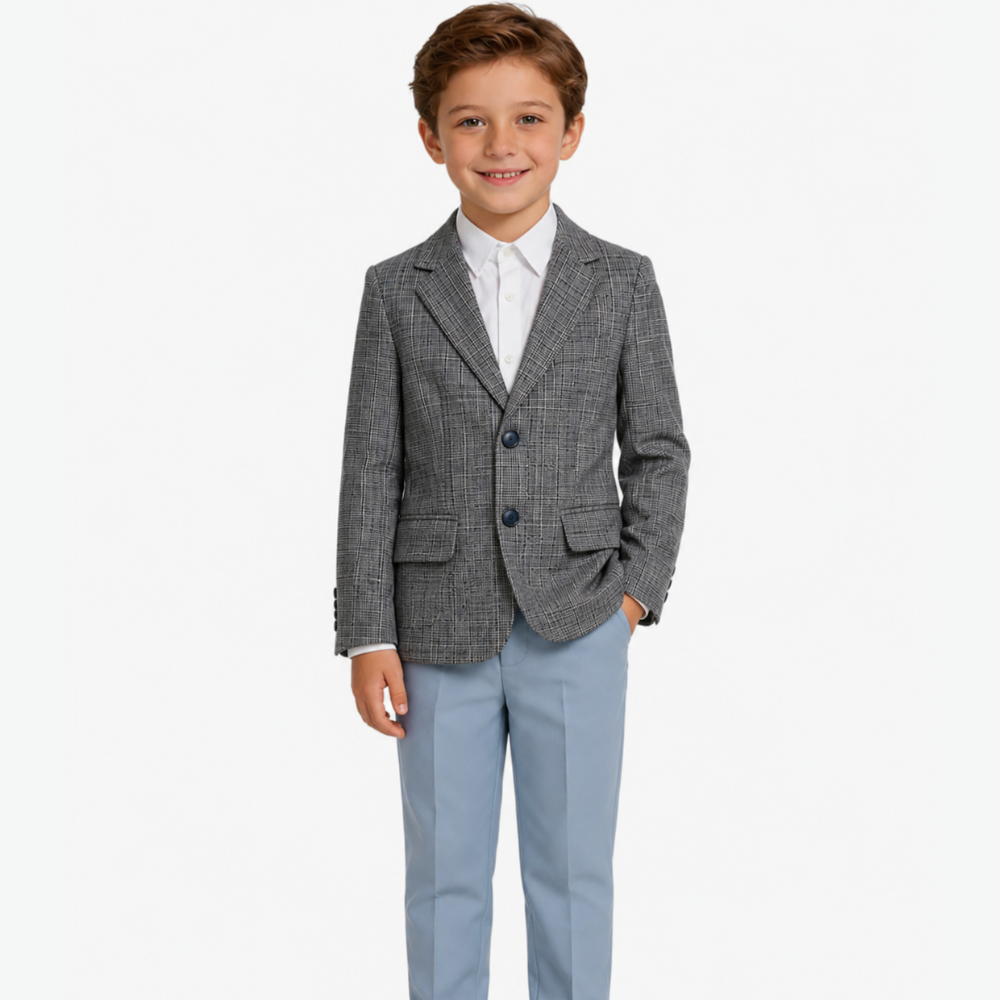 Boys Grey Plaid Blazer & Light Blue Dress Pants Suit