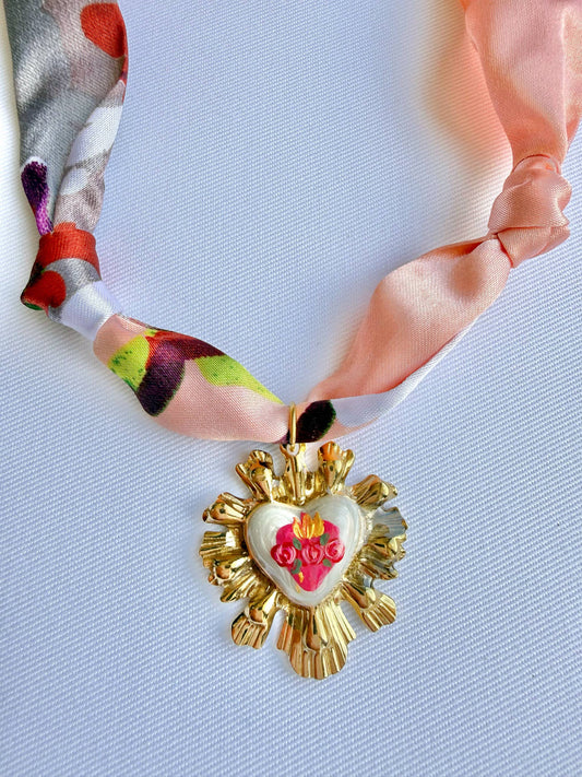 Immaculate Heart of Mary Floral Scarf Necklace